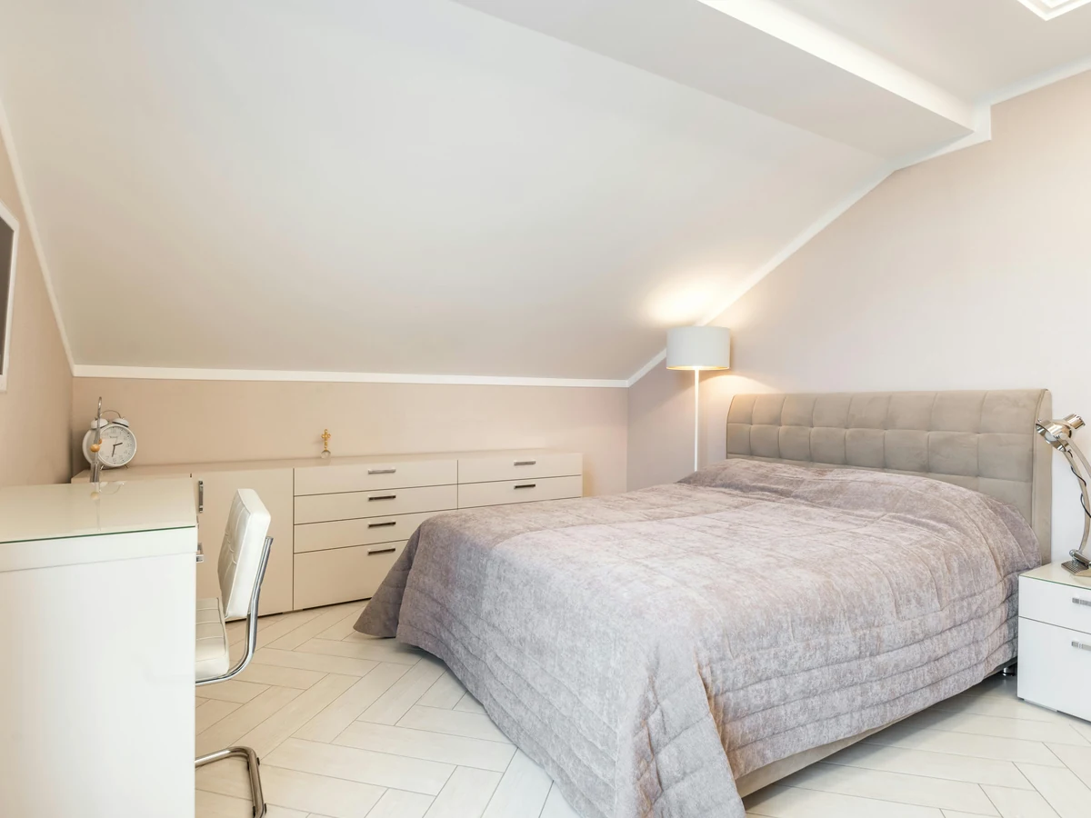 bedroom painting white sloping loft ceiling warm white walls herringbone floor preston rose decor