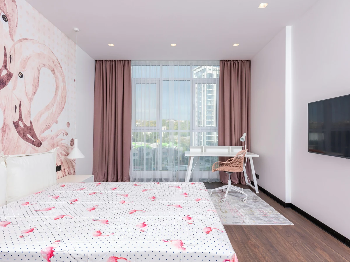 bedroom painting white walls flamingo mural feature wall pink curtains balcony preston rose decor
