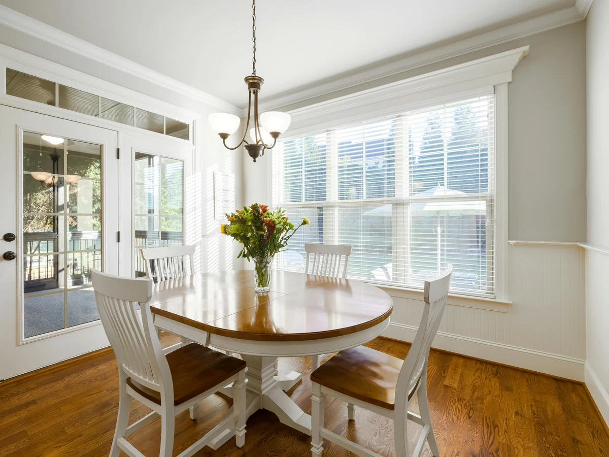 dining room painting soft white walls round table glass door preston rose decor
