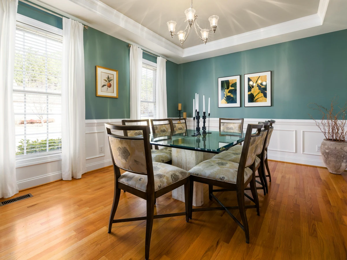 dining room painting teal duck egg upper walls white wainscoting chandelier preston rose decor