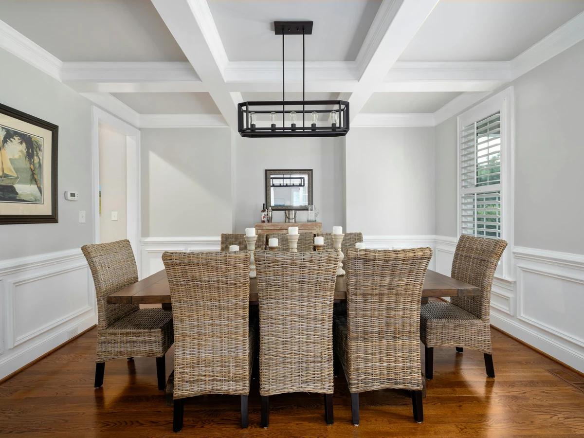 dining room painting white coffered ceiling wainscoting rattan chairs preston rose decor