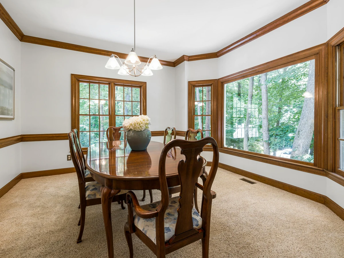 dining room painting white walls warm wood trim bay windows preston rose decor