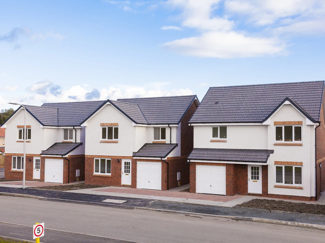 exterior painting new build detached row three white render brick lower charcoal flat tiles preston rose decor