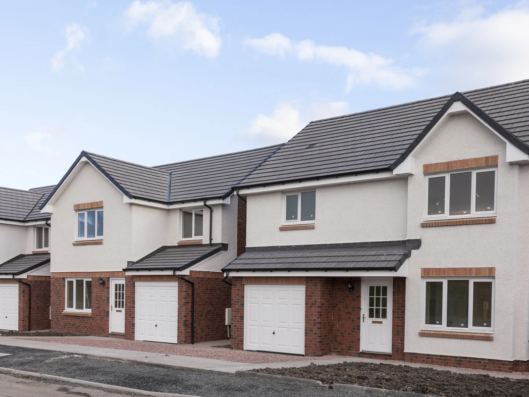 exterior painting new build row white smooth render red brick lower charcoal roof preston rose decor