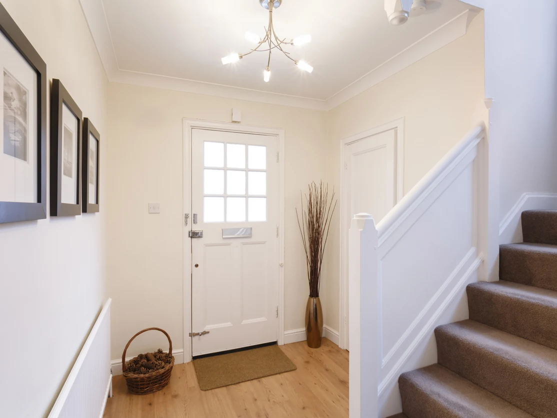 hallway-painting-cream-walls-white-front-door-glass-inserts-staircase-preston-rose-decor hallway painting cream walls white front door glass inserts staircase preston rose decor