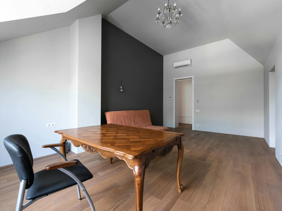 interior painting white charcoal two tone vaulted loft room desk preston rose decor