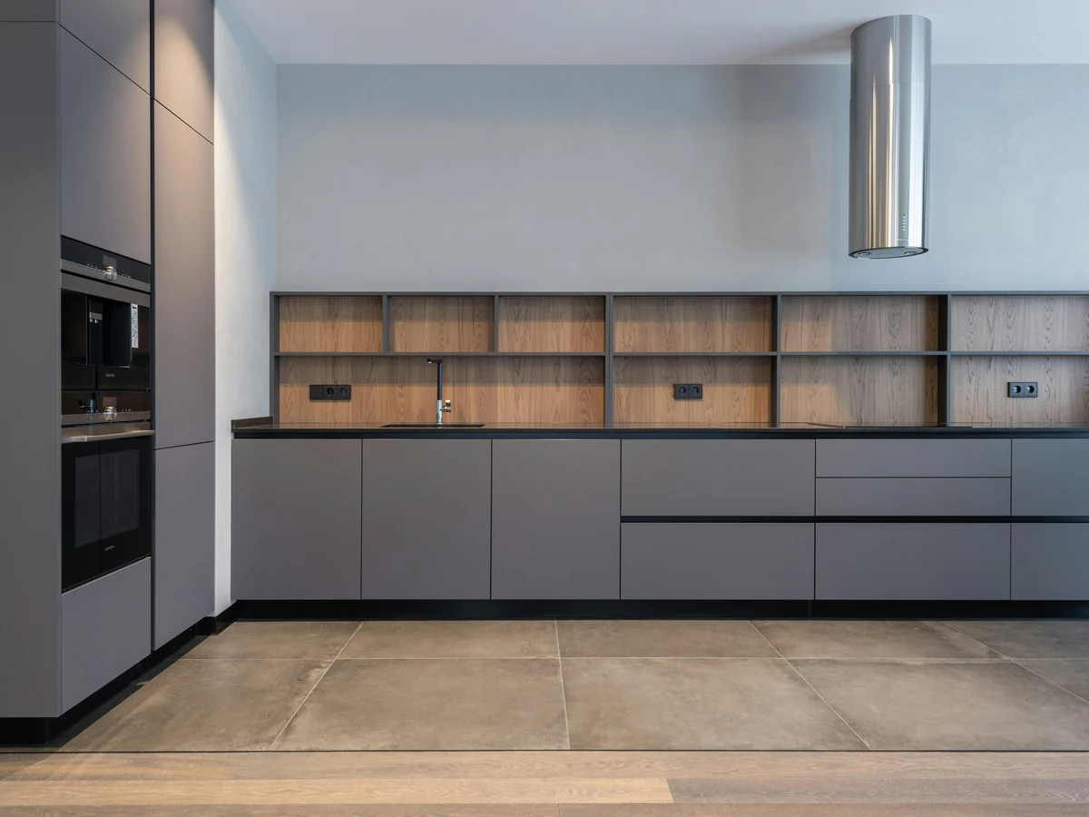 kitchen-painting-grey-handleless-cabinets-wooden-shelving-preston-rose-decor kitchen painting grey handleless cabinets wooden shelving preston rose decor