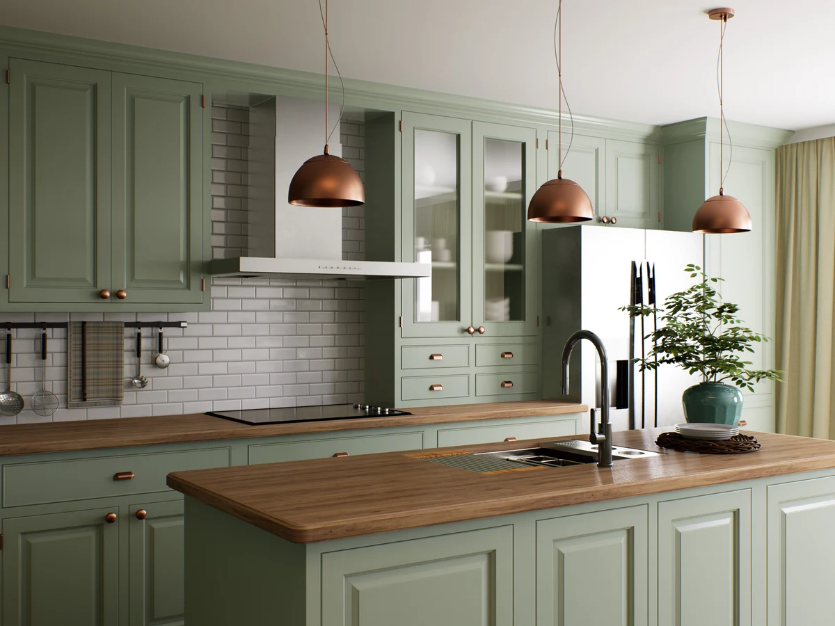 kitchen-painting-sage-green-shaker-cabinets-copper-pendants-wood-worktops-preston-rose-decor kitchen painting sage green shaker cabinets copper pendants wood worktops preston rose decor